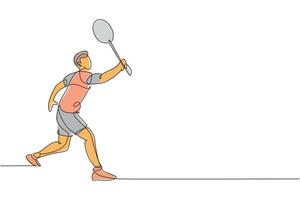 One continuous line drawing of young badminton player hit shuttlecock with racket. Competitive sport concept. Dynamic single line draw design vector illustration for tournament match promotion poster