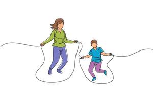 One continuous line drawing of young mother and his son train jumping with skipping rope at park near home. Happy family parenting concept. Dynamic single line draw graphic design vector illustration