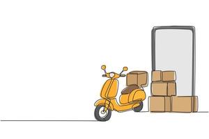 Continuous one line drawing giant smartphone standing in front of courier scooter and pile of package boxes. Online delivery service concept. Single line draw design vector graphic illustration