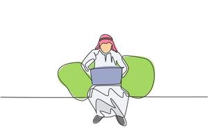 Continuous one line drawing young Arab male worker sitting on sofa while typing business proposal on laptop. Manager preparing work concept. Single line draw design vector graphic illustration.