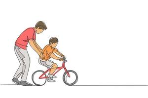 One continuous line drawing of young father help his boy kid learning to ride a bicycle at countryside together. Parenthood lesson concept. Dynamic single line draw design graphic vector illustration