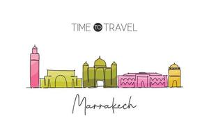 One single line drawing of Marrakesh city skyline, Morocco. Historical town landscape in the world. Best holiday destination. Editable stroke trendy continuous line draw design vector art illustration