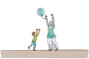 One single line drawing of young Arabian mother playing with her son ball throwing together vector illustration. Happy Islamic muslim family parenting concept. Modern continuous line draw design