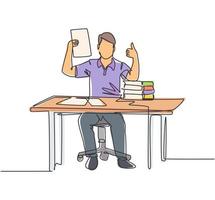 Single line drawing of young happy businessman shows a clipboard containing business contract and giving thumbs up gesture. Business deal concept. Continuous line draw design vector illustration