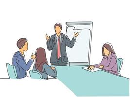 One single line drawing of young businessman giving business coaching to class members at the office. Group training and meeting concept continuous line draw design vector illustration graphic