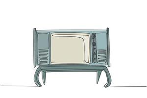 Un dibujo de una sola línea de un televisor antiguo retro con mesa y patas de madera. Concepto de televisión analógica vintage clásico gráfico de ilustración de vector de diseño de dibujo de línea continua