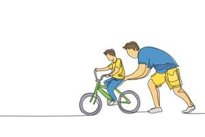 One single line drawing of young father teaching his son riding bicycle at public park vector graphic illustration. Fatherhood lesson. Urban family time concept. Modern continuous line draw design