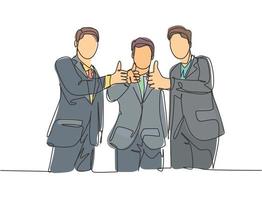 Single line drawing of young businessmen wearing suit standing up together after meeting and giving thumbs up gesture. Business owner teamwork concept. Continuous line draw design vector illustration