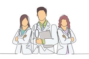 One continuous single line drawing group of young male and female doctors pose standing together while holding medical report. Teamwork medical concept single line draw design vector illustration