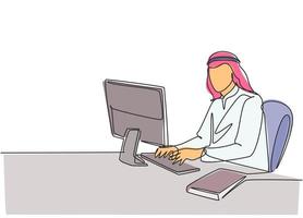 Single continuous line drawing of young male muslim worker typing a business documents on office computer. Arab middle east cloth shmagh, kandura, thawb, robe. One line draw design vector illustration