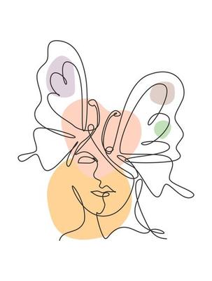 One continuous line drawing sexy woman abstract face with butterfly wings logo. Female portrait minimalist style concept. Cosmetic icon. Dynamic single line draw design vector graphic illustration