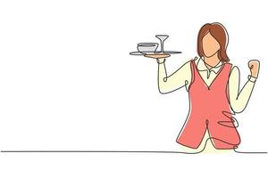 Single continuous line drawing waitress with celebrate gesture and brought a tray of drinking glasses serving visitors at cafeteria. Successful work. One line draw graphic design vector illustration
