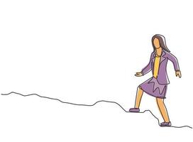 Single continuous line drawing young business woman walking on the uphill street to go to office. Business time discipline metaphor concept. Dynamic one line draw graphic design vector illustration.