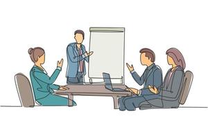 Single continuous line drawing of young happy business instructor teaching interpersonal skill to the attendees during presentation. Business training concept one line draw design vector illustration