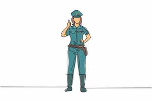 Una línea continua dibujando a la mujer policía de pie con un gesto de pulgar hacia arriba y en uniforme completo trabaja para controlar el tráfico de vehículos en la carretera. Ilustración gráfica de vector de diseño de dibujo de una sola línea