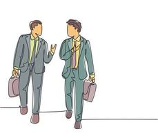 One single line drawing of two young company business men take a walk and talk together after company meeting. Business conversation concept continuous line draw design graphic vector illustration