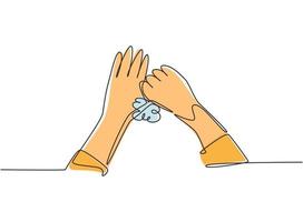 Single continuous line drawing twelve steps hand washing by rubbing the thumbs with soap and water flow until clean. Fingers become clean and hygienic. One line draw graphic design vector illustration