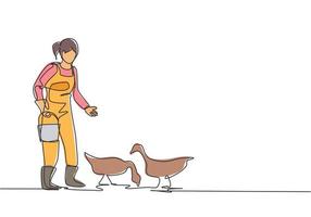 Single continuous line drawing young female farmer feeding the geese to be healthy and produce the best eggs and meat. Minimalism concept. Dynamic one line draw graphic design vector illustration.