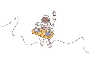 un dibujo de una sola línea de astronauta tocando el instrumento musical de dj mezclador en la ilustración de vector de espacio profundo. cartel de concierto de música con concepto de astronauta espacial. diseño de dibujo gráfico de línea continua moderna