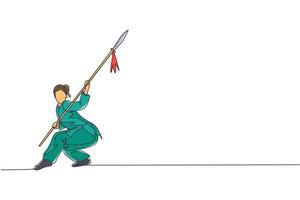 Single continuous line drawing of young woman wushu fighter, kung fu master in uniform training with spear at dojo center. Fighting contest concept. Trendy one line draw design vector illustration