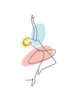 Single continuous line drawing pretty ballerina in ballet motion dance style. Beauty sexy dancer concept logo, Minimalist poster print art. Trendy one line draw design vector graphic illustration
