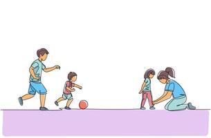 One continuous line drawing of young playing soccer with son at field while mother tying daughter's shoelaces. Happy family parenting concept. Dynamic single line draw design vector illustration