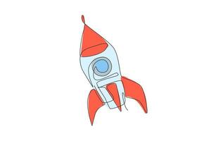 Single continuous line drawing rocket launch fly into the sky universe. Vintage spacecraft rocketship. Simple retro outer space vehicle concept. Trendy one line draw design graphic vector illustration