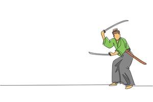 un dibujo de una sola línea de un joven guerrero samurái japonés sosteniendo una espada katana practicando en el centro del dojo ilustración vectorial gráfica. concepto de arte marcial combativo. diseño moderno de dibujo de línea continua vector