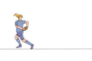 One continuous line drawing of young rugby player catch the ball and avoid opponent. Competitive aggressive sport concept. Dynamic single line draw design vector illustration for tournament promotion