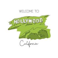 Depok, Indonesia - August 2, 2019- Single continuous line drawing of Hollywood sign landmark. Famous place in Los Angeles, California, US. Home decor wall art poster print. Vector graphic illustration