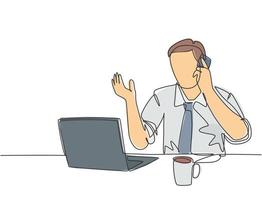 One continuous line drawing of young male manager typing on laptop and receiving a phone call from business colleague. Office work load concept single line draw graphic design vector illustration