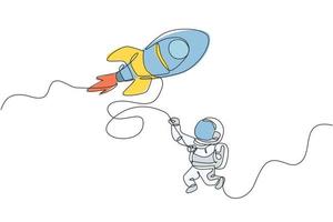 One single line drawing astronaut in spacesuit floating and discovering deep space with rocket spaceship vector illustration. Exploring outer space concept. Modern continuous line draw graphic design