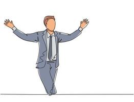 Single continuous single line drawing of young happy male manager running and open his hands after cross the finish line. Business race competition concept one line draw design vector illustration