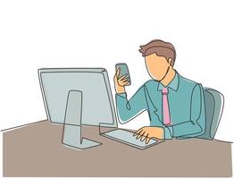 Single continuous line drawing of young manager typing message on smartphone and sending it to his colleague while siting at the office. Text messaging concept one line draw design vector illustration