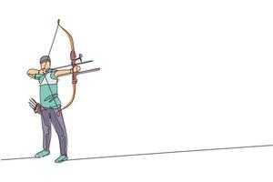 One single line drawing of young archer man focus exercising archery to hit the target graphic vector illustration. Healthy refresh shooting with bow sport concept. Modern continuous line draw design