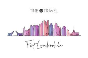 One single line drawing Fort Lauderdale city skyline Florida. World historical town landscape. Best holiday destination postcard. Editable stroke trendy continuous line draw design vector illustration