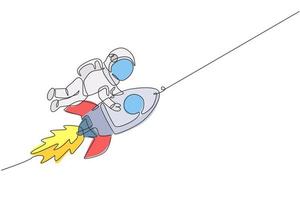 un dibujo de línea continua astronauta astronauta ciencia descubriendo el cosmos galáctico mientras sostiene un cohete. cosmonauta en el concepto de espacio exterior. Ilustración de vector gráfico de diseño de dibujo de línea única dinámica