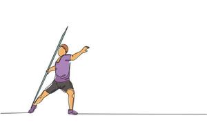 One single line drawing of young energetic man exercise throw javelin  with all the power vector illustration graphic. Healthy lifestyle athletic sport concept. Modern continuous line draw design