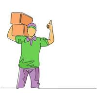 One line drawing of young happy delivery man gives thumbs up gesture while lift up carton box packages to customer. Delivery service business concept. Continuous line draw design vector illustration