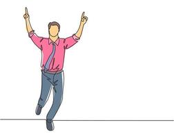 One continuous single line drawing of young happy businessman pointing his finger to the air after running cross the finish line. Business race concept single line draw design vector illustration