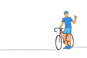 una sola línea de dibujo joven corredor de bicicletas apuntando con el dedo hacia arriba, gráfico de ilustración vectorial ganador número uno. concepto de ciclista de carreras. diseño de dibujo de línea continua para el banner del torneo de ciclismo vector