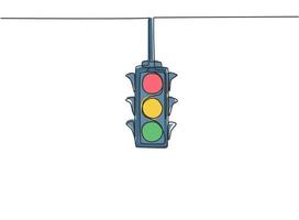 Single continuous line drawing of traffic lights that are placed hanging above the highway crossing. There are four direction traffic lights. Dynamic one line draw graphic design vector illustration.