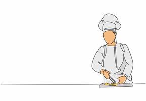 dibujo de una sola línea de joven chef masculino atractivo feliz cortando verduras en la tabla de cortar de madera para preparar la comida. plantilla moderna una línea dibujada a mano ilustración vectorial estilo minimalista vector
