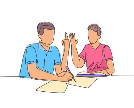 One continuous line drawing of young company founder formulating standard operating procedure for their startup. Business growth discussion concept. Single line draw graphic design vector illustration