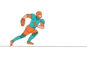 One continuous line drawing sporty american football player running fast to reach goal line for competition poster. Sport teamwork concept. Dynamic single line draw design vector graphic illustration