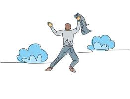 One line drawing of young happy and energetic business man stretch out his hands into the air and jumping over the cloud. Business celebration concept continuous line draw design vector illustration