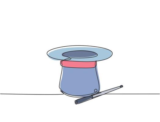 Single continuous line drawing magic hat and wand that a magician needs for a magic show. Two tools that are always there in every magician. Dynamic one line draw graphic design vector illustration.
