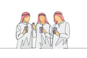 One single line drawing of young muslimah girls walking together with friends holding a paper cups of coffee. Arab middle east female cloth hijab and veil. Continuous line draw design illustration vector