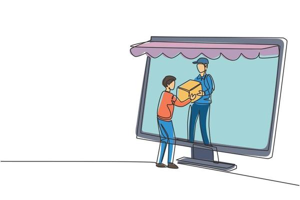 Continuous one line drawing male courier comes out of canopy monitor screen and gives package box to male customer. Fast respond delivery concept. Single line draw design vector graphic illustration