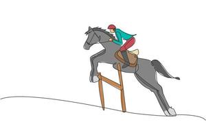 Single continuous line drawing of young professional horseback rider jumping with a horse over the hurdle. Equestrian sport training process concept. Trendy one line draw design vector illustration